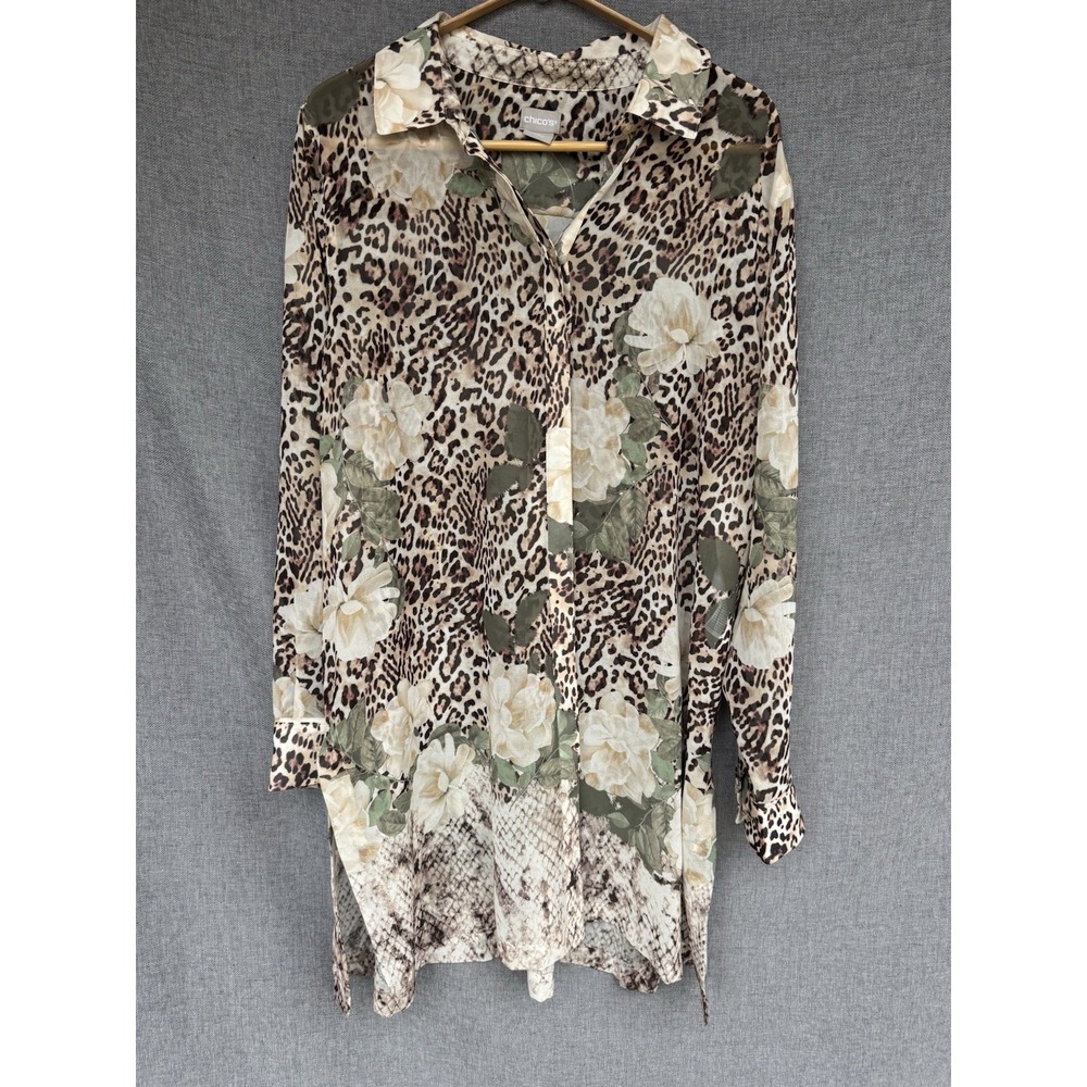 Chico's Poised Blooms Sheer Tunic Size 2 US 12/14 Animal Print Floral Brown‎